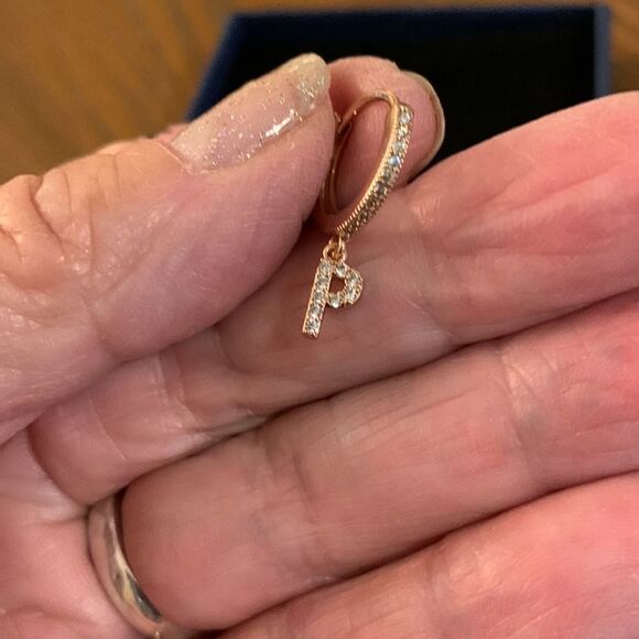 Tiny gold tone hoop earrings with initial P dangle - Picture 2 of 5